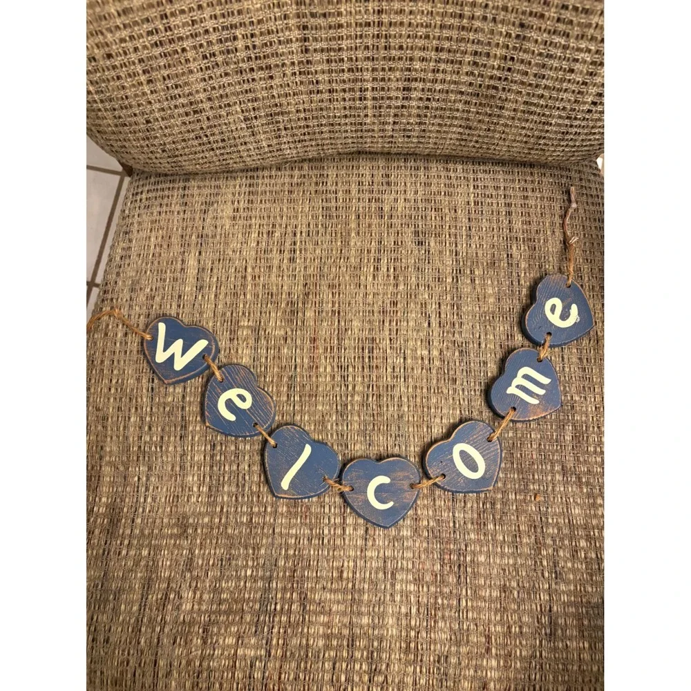 Rustic Wooden Welcome Heart Garland Distressed Navy Blue Farmhouse Wall Decor